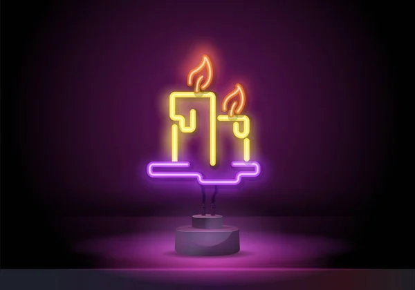 Burning candle neon sign. Candle with burning flame. Night bright advertisement. Vector illustration in neon style for belief and religion — ストックベクタ
