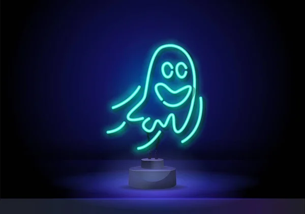 Neon neşeli hayalet. Karanlık duvar arka planında hayalet neon ışığı işareti var. Ölülerin Cadılar Bayramı veya Günü için vektör illüstrasyonu — Stok Vektör