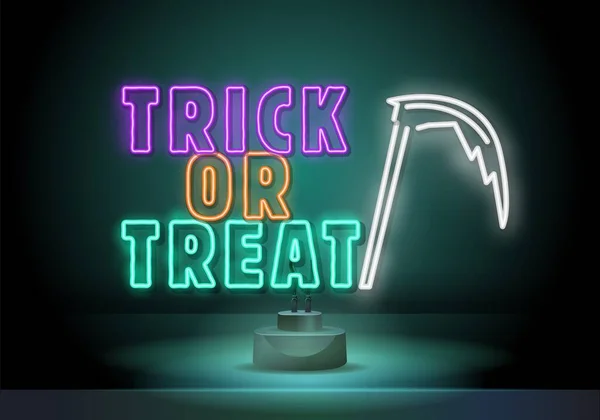 Trick or treat neon sign. spit neon icon. Elements of autumn set. Simple icon for websites, web design, mobile app, info graphics. vector illustration for halloween or day of the dead — Wektor stockowy