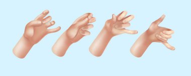 Çizgi film 3D elleri. El grubu. Barış işareti, ok işareti, el işareti, beşlik çakma Erkek ve kadın kolları dekorasyon 3D nesne izole edildi. Vektör illüstrasyonu