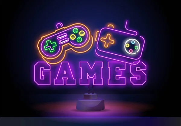 Game stick neon sign, bright signboard, light banner. VR Games neon icon for decoration in gaming club. Game logo, emblem. Vector illustration Royalty Free Stock Ilustrace
