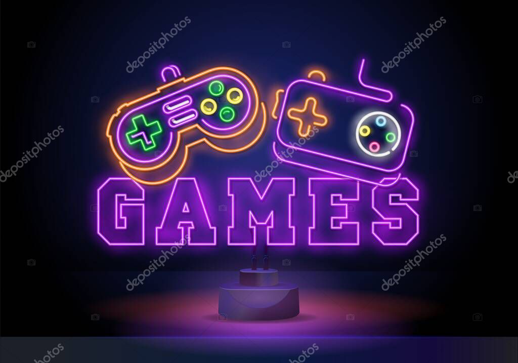 Game stick neon sign, bright signboard, light banner. Game logo, emblem.