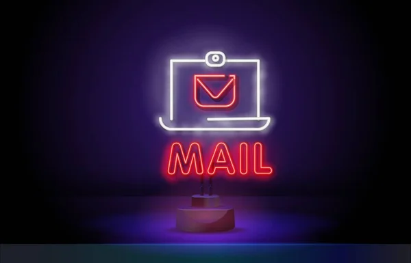 Neon mail. Glowing neon line Monitor and envelope, new message, mail icon isolated on black background. Usage for e-mail newsletters, headers, blog posts. Vector Illustration — стоковый вектор