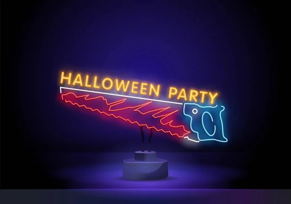 Halloween party and saw neon style banner. October 31st Halloween Party. Holiday, party, shop. Can be used for advertising, street wall sign, invitation — Image vectorielle