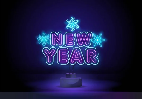 Happy New Year albastru text pentru felicitări pe fundal premium negru. Vector neon font deschis pentru 2022 an șablon de vacanță de iarnă sau design de sărbătoare de Crăciun — Vector de stoc