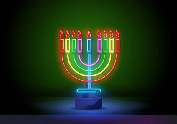 La fiesta judía Hanukkah es un letrero de neón, una tarjeta de felicitación, una plantilla tradicional de Janukah. Feliz Hanukkah. Banner de neón, signo luminoso brillante. Ilustración vectorial . — Archivo Imágenes Vectoriales