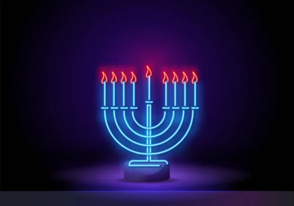 La fiesta judía Hanukkah es un letrero de neón, una tarjeta de felicitación, una plantilla tradicional de Janukah. Feliz Hanukkah. Banner de neón, signo luminoso brillante. Ilustración vectorial . — Vector de stock