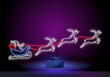 Neon Noel Baba. Neon ren geyiği. Neon Noel Baba ren geyiğiyle kızakta. Neon zencefilli çörek. Neon tabela, parlak tabela, hafif pankart. Yeni yılın logosu, amblem ve etiket.