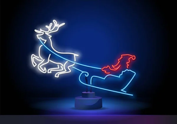 Neon santa in een slee getrokken door een hert. Neon Kerstman. Neonrendieren. Neon peperkoek. Neon teken, helder bord, lichtbanner. Logo van het nieuwe jaar, embleem en label. — Stockvector