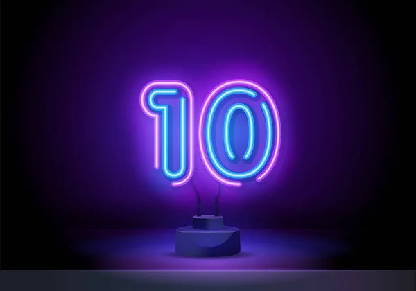 Neon blue number 10 on black background. Serial number, price, place. Number Ten symbol neon sign vector. tenth Number One template neon icon, light banner, neon signboard. Vector illustration — Stock Vector