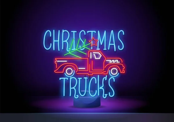 Kerstboom in vrachtwagen neon teken. Fir, boom, nieuwjaar. Nacht heldere reclame. Vector illustratie in neon stijl voor banner, billboard — Stockvector