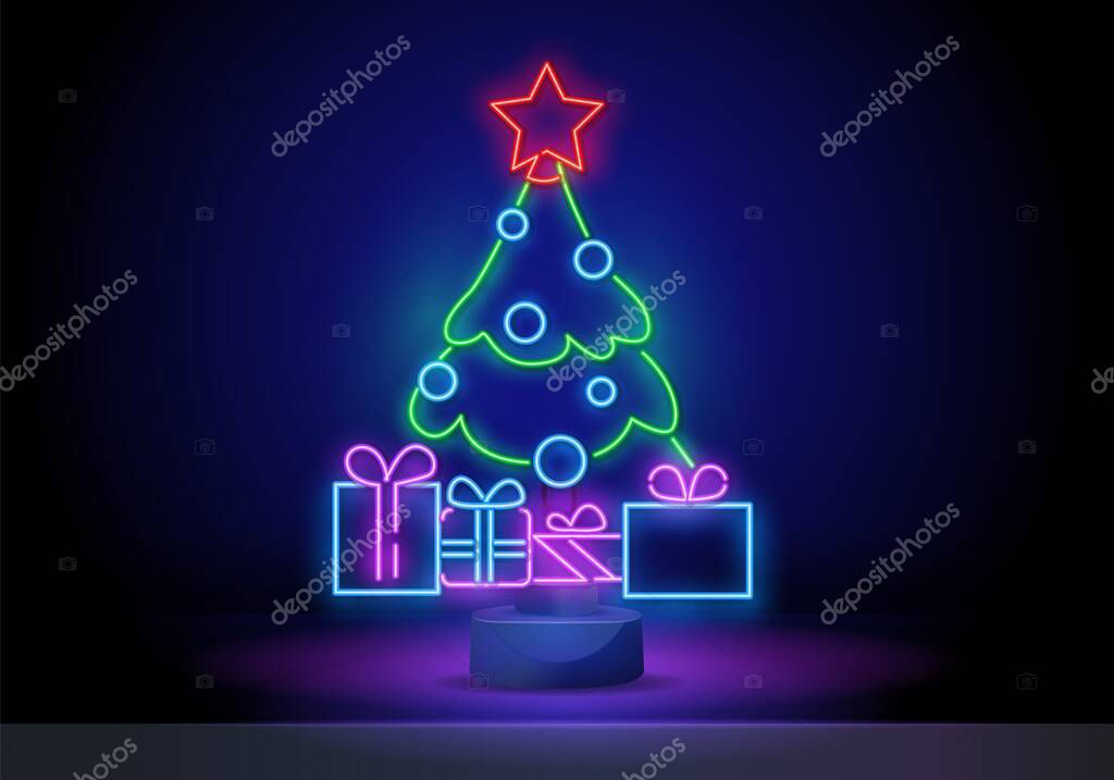 Set of three christmas illustrations in neon style. Three holiday signs in circle frames