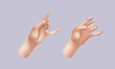 Çizgi film 3D elleri. Gerçekçi vektör Hand. Barış işareti, ok işareti, el işareti, beşlik çakma Erkek ve kadın kolları dekorasyon 3D nesne izole edildi. Vektör illüstrasyonu