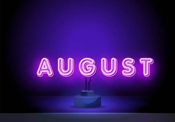 August. Neon glowing lettering on a dark wall background. Typography for banners, badges, postcard. Neon symbol for august Month — Vetor de Stock