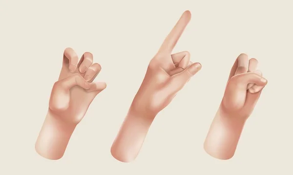 कार्टून 3 डी हाथों का सेट। हाथ समूह। शांति चिह्न, ठीक हस्ताक्षर टैप, हाथ इंगित करें, उच्च पांच हाथ पुरुषों और महिलाओं के हाथ सजावट 3 डी वस्तु अलग। वेक्टर चित्र — स्टॉक वेक्टर