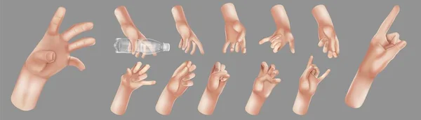 Набір мультфільмів 3d рук. Ручна група. Знак миру, знак ок, вказівник руки, висока п'ять рук Чоловічі та жіночі герби Прикраса 3d об'єкт ізольовані. Векторні ілюстрації — стоковий вектор