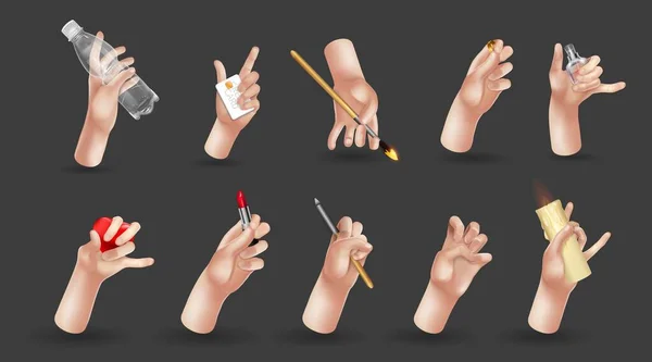 オブジェクトと漫画の3D手のセット:ブラシ、鉛筆、口紅、ハート、ボトル。手を組め。平和サイン, okのサインタップ,手を指摘します。,高い5つの手男性と女性の腕装飾3Dオブジェクト — ストックベクタ