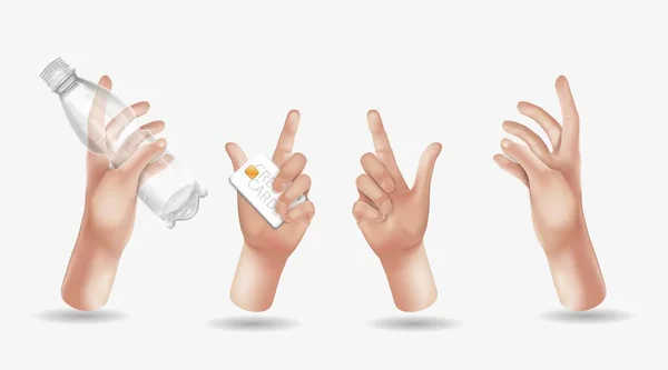 Conjunto de mãos vetoriais de design 3D realista em estilo cartoon. A mão mostra sinais de gestos diferentes. Coleção isolada sobre fundo branco. Ilustração vetorial —  Vetores de Stock