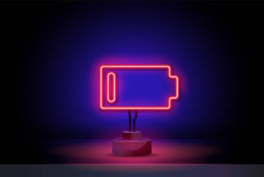 Neon pil ikonu. Parlayan neon akümülatör işareti, canlı renklerde elektrik yükleme piktogramı. Telefon bataryası, elektrik şarj istasyonu.