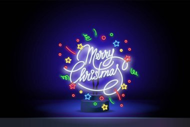 Neon Merry Christmas vektör metni Kaligrafik Harf Tasarım Kartı şablonu. Bayram Kutlama Posteri için Neon yaratıcı tipografi. Kaligrafi Yazı Tipi Biçimi Sancak.