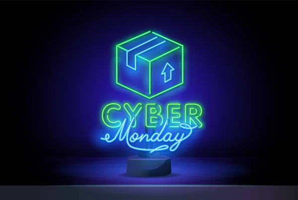 Siber Pazartesi konsept pankartı neon tarzı, parlak tabela, her gece siber pazartesinin satış indirimlerinin reklamları. Projeleriniz için vektör illüstrasyonu — Stok Vektör