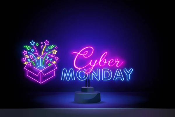 Bannière concept Cyber Monday en style néon, enseigne lumineuse, publicité nocturne des rabais de vente du cyber lundi. Illustration vectorielle pour vos projets — Image vectorielle