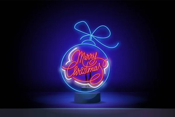 Neon Merry Christmas vector tekst Calligraphic Lettering ontwerp kaart sjabloon. Neon creatieve typografie voor Holiday Greeting Gift Poster. Kalligrafie Lettertype stijl Banner. — Stockvector