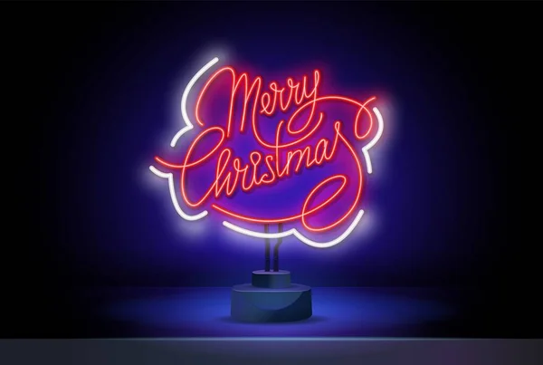 Neon Merry Christmas vector text Calligraphic Plantilla de tarjeta de diseño de letras. Neon Tipografía creativa para el cartel de regalo de felicitación navideña. Caligrafía Estilo de fuente Banner. — Vector de stock