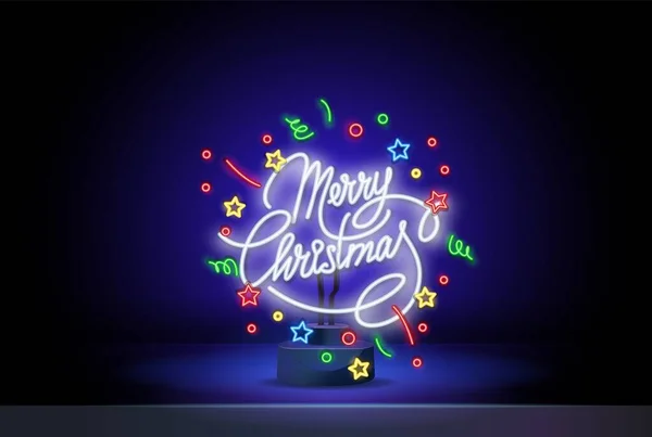 Neon Merry Christmas vector tekst Calligraphic Lettering ontwerp kaart sjabloon. Neon creatieve typografie voor Holiday Greeting Gift Poster. Kalligrafie Lettertype stijl Banner. — Stockvector