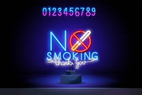 Mondo senza tabacchi cartello al neon. Luminosa icona di sigaretta incandescente su sfondo scuro parete. Smettila di fumare. Illustrazione vettoriale stock. — Vettoriale Stock