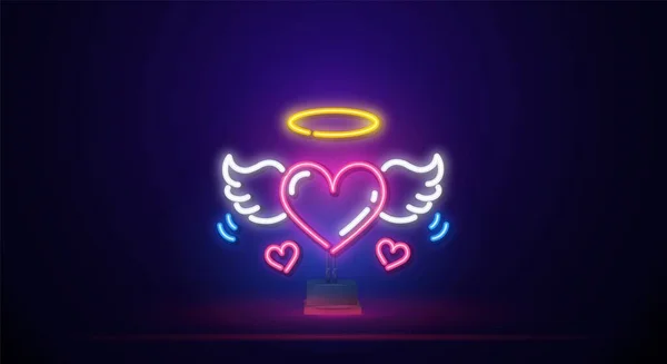粉红的心与翅膀。尼昂标志。复古的霓虹灯的标志是站在讲台上心形的。情人节快乐的设计元素。准备好您的设计，贺卡，横幅。矢量说明 — 图库矢量图片