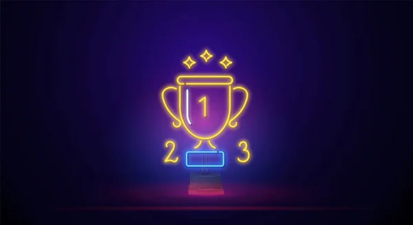 Kürsüde birinci ve üçüncü olan bir ödül kupasıyla parlayan neon bir tabela. Kazananların kupasının neon sembolü. Vektör illüstrasyonu — Stok Vektör