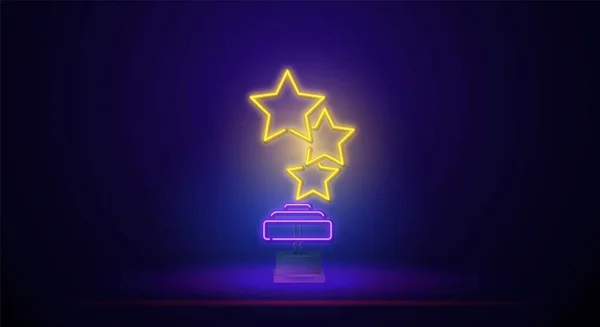 Trophy design with neon retro glowing star on the stand. Design of a cup with a medal for achievements. Unique and realistic neon icon. Linear icon on a blue background. — Stock Vector