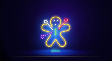 Neon Signboard Voodoo Bebeklerinin vektör unsurları. Tasarımın için iğneli parlak bir bebek.