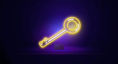 Anahtar neon ışığı. Tezgahında anahtarlık olan parlak bir tabela. Gece lambası reklamı. Gayrimenkul, ipotek ve konut için neon tarzı vektör illüstrasyonu