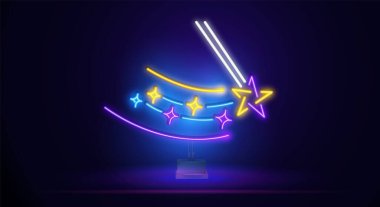 Yıldızlı neon ışıklı sihirli değnek. Sihir ya da reklam tasarımı. Gece lambası tabelası, renkli reklam panosu, açık renk pano. Neon biçiminde vektör illüstrasyonu.