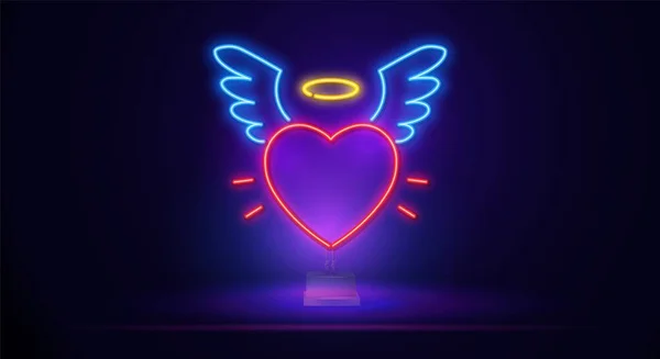 Cartel de neón con alas de corazón sobre un fondo de ladrillo. Ilustración vectorial sobre el tema del amor y el romance para el Día de San Valentín — Vector de stock