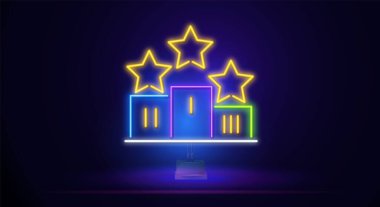 Kürsüde birinci, ikinci ve üçüncü olanlar için bir ödül kupasıyla parlayan neon bir tabela. Kazananların kupasının neon sembolü. Vektör illüstrasyonu