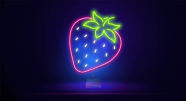Parlayan neon çilekler, organik çilekler. Taze Yaz Yemeği. Parlak ışıklı poster, broşür, pankart. Vektör 3d illüstrasyon