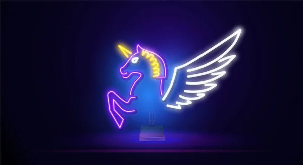 Magnifique enseigne licorne néon avec ailes. Logo néon, bannière lumineuse. Design publicitaire. Un panneau avec éclairage nocturne. Illustration vectorielle. — Image vectorielle