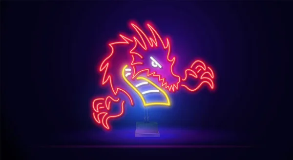 Hermosa señal de neón con un dragón rojo. Mitología china, cultura, diseño fantástico. Señal de neón brillante de la noche, cartelera colorida, bandera ligera. Ilustración vectorial en estilo neón. — Vector de stock