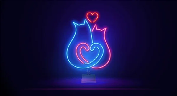Neonskylt i form av två katter och ett hjärta. Ett tryckeri med katt, vin och hjärta. Illustration i stil med en isolerad linje för alla hjärtans dag, dating. — Stock vektor