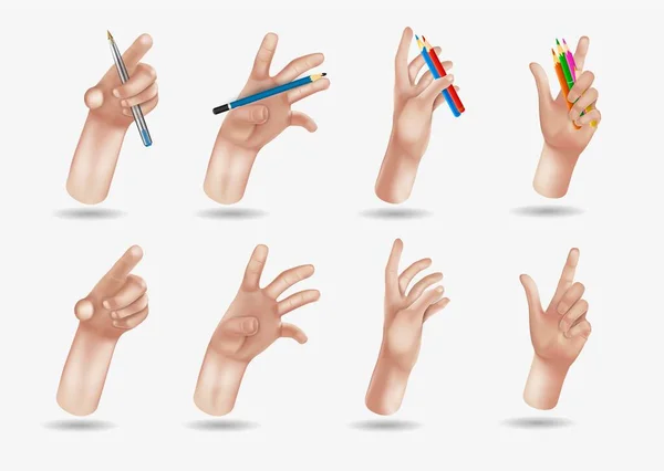 3d realistic pencil in hand with shadow isolated on white background. Vector Hands set of realistic 3d design in cartoon style. Hand shows different gestures signs. — Stock Vector