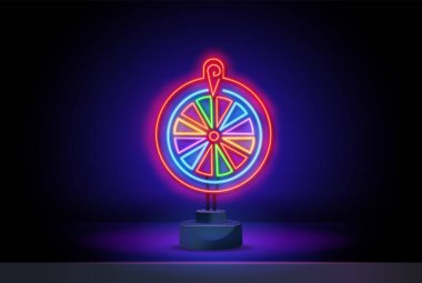 Fortune Wheel Neon Logo Vektörü. Fortune Wheel neon işareti, tasarım şablonu, modern trend tasarımı, gece lambası tabelası, gece lambası reklamı, ışık panosu, ışık sanatı. Vektör