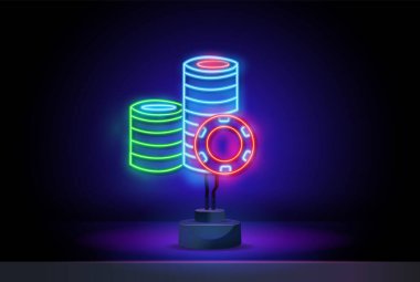 Kumarhane Gecesi Neon cips taşıyıcısı. Kumarhane neon levhası, tasarım şablonu, modern moda tasarımı, kumarhane neon tabelaları, gece lambası reklamları, ışık pankartları, ışık sanatı. Vektör illüstrasyonu