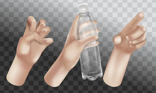 Mãos conjunto de design 3d realista no estilo dos desenhos animados. A mão mostra sinais de gestos diferentes. Coleção isolada sobre um fundo transparente. Ilustração vetorial — Vetor de Stock