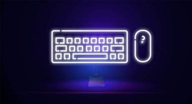 Parlayan neon bilgisayar klavyesi ve fare simgesi mavi arkaplanda izole edildi. Bilgisayar bileşeni işareti. Vektör İllüstrasyonu