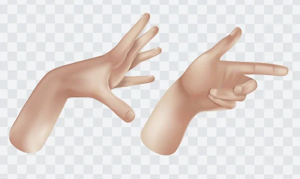 Manos de dibujos animados 3d. Mano de vector realista. Señal de paz, ok grifo signo, señalar la mano, alta cinco manos Hombres y mujeres armas Decoración 3d objeto aislado. Ilustración vectorial — Archivo Imágenes Vectoriales