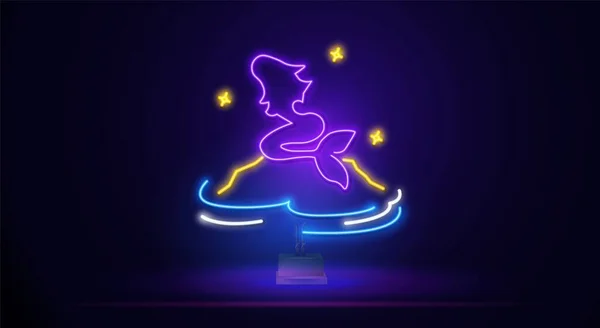 Vector neon tekening van een fantastische zeemeermin zittend op een rots. Decoratieve grafische illustratie van een sprookjeszeemeermin. Prachtige kleurrijke neon licht — Stockvector