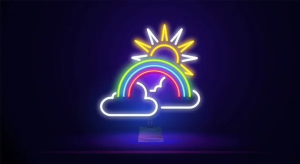 Szivárvány neon jel, fényes jel, világos zászló. Szivárvány felhőkkel és napsütéssel a standon.Logó színek, logók. Vektorillusztráció — Stock Vector